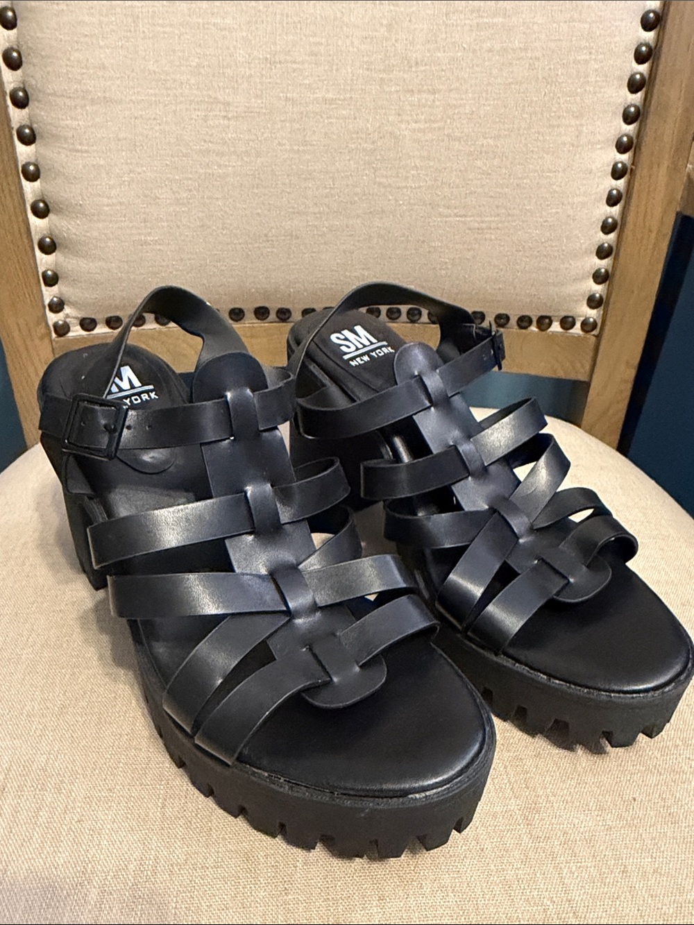 SM New York Black Strappy Platform Sandals, Size 7.5 and 10